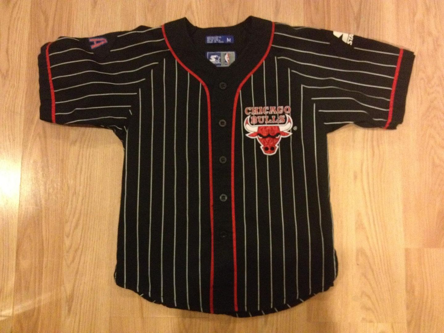 VTG Starter Bulls Black Baseball Jersey Pinstripe Button Down Youth M